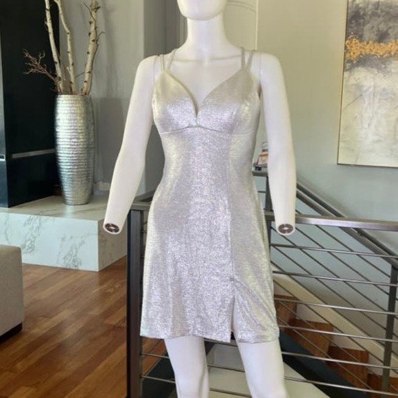 Morgan & Co Notched Neckline Shimmery Sheath Dress in Silver - Picture 1 of 13